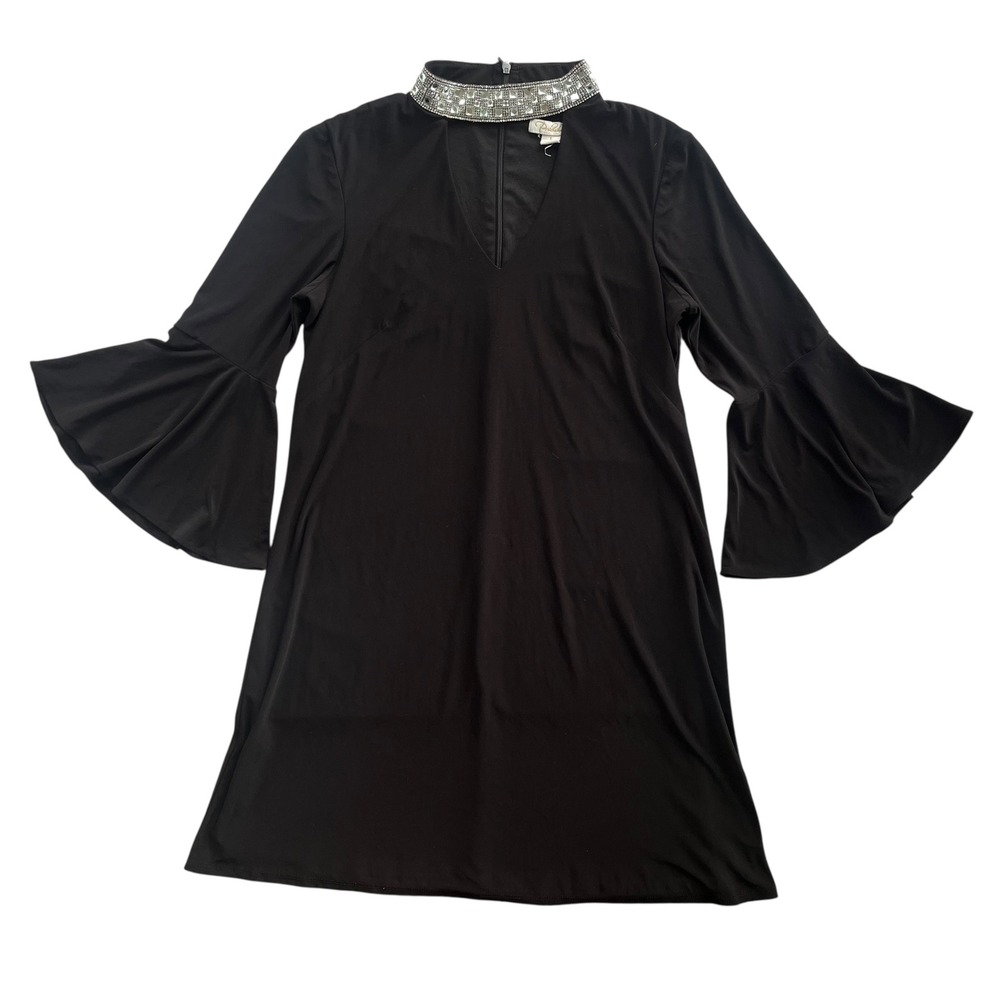Prelude Women's Sm black Silver Jeweled Collar Bell Sleeves Cocktail Party Dress